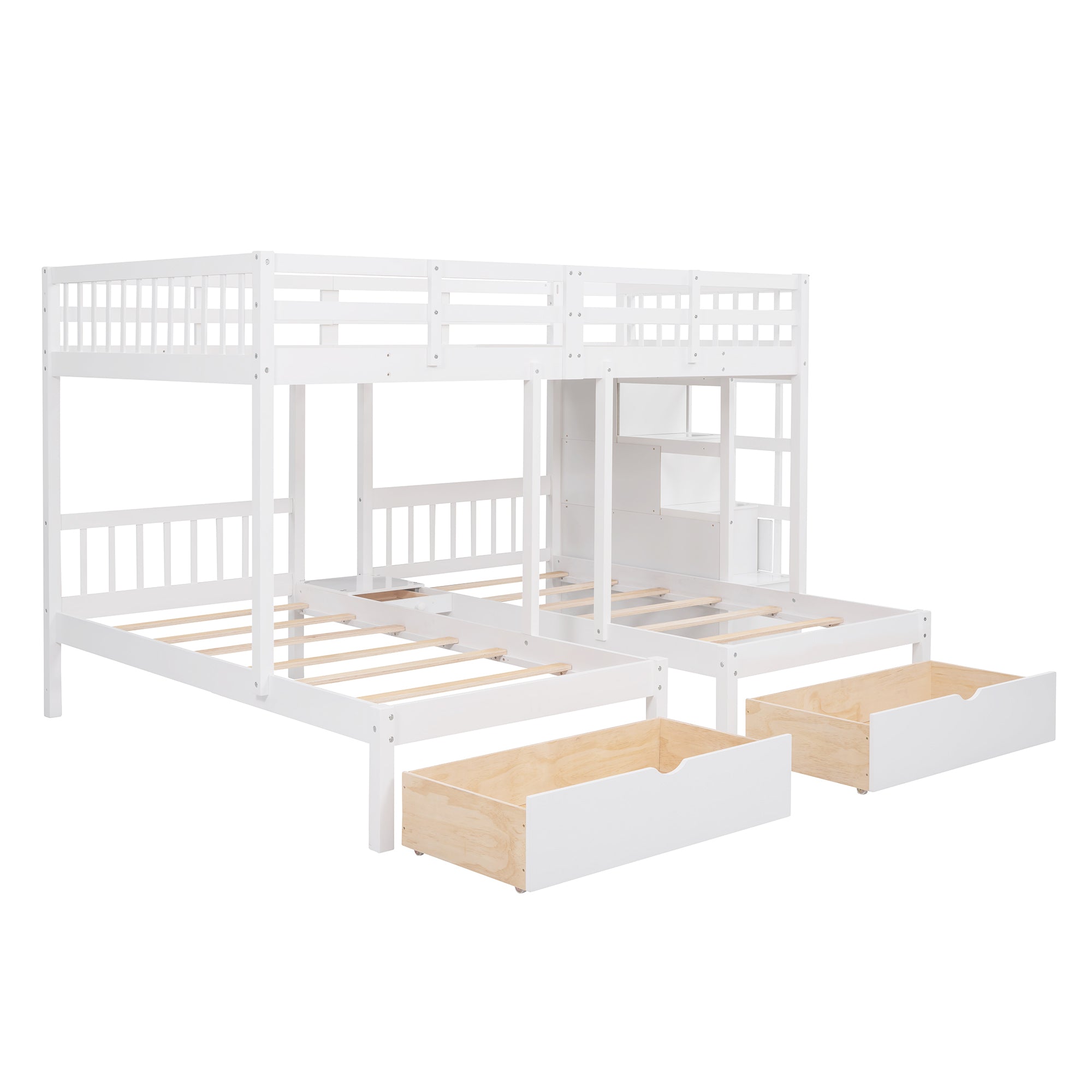 Full Over Twin & Twin Bunk Bed, Wood Triple Bunk Bed with Drawers and Guardrails (White) - Atlantic Fine Furniture Melbourne FL