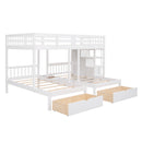 Full Over Twin & Twin Bunk Bed, Wood Triple Bunk Bed with Drawers and Guardrails (White)