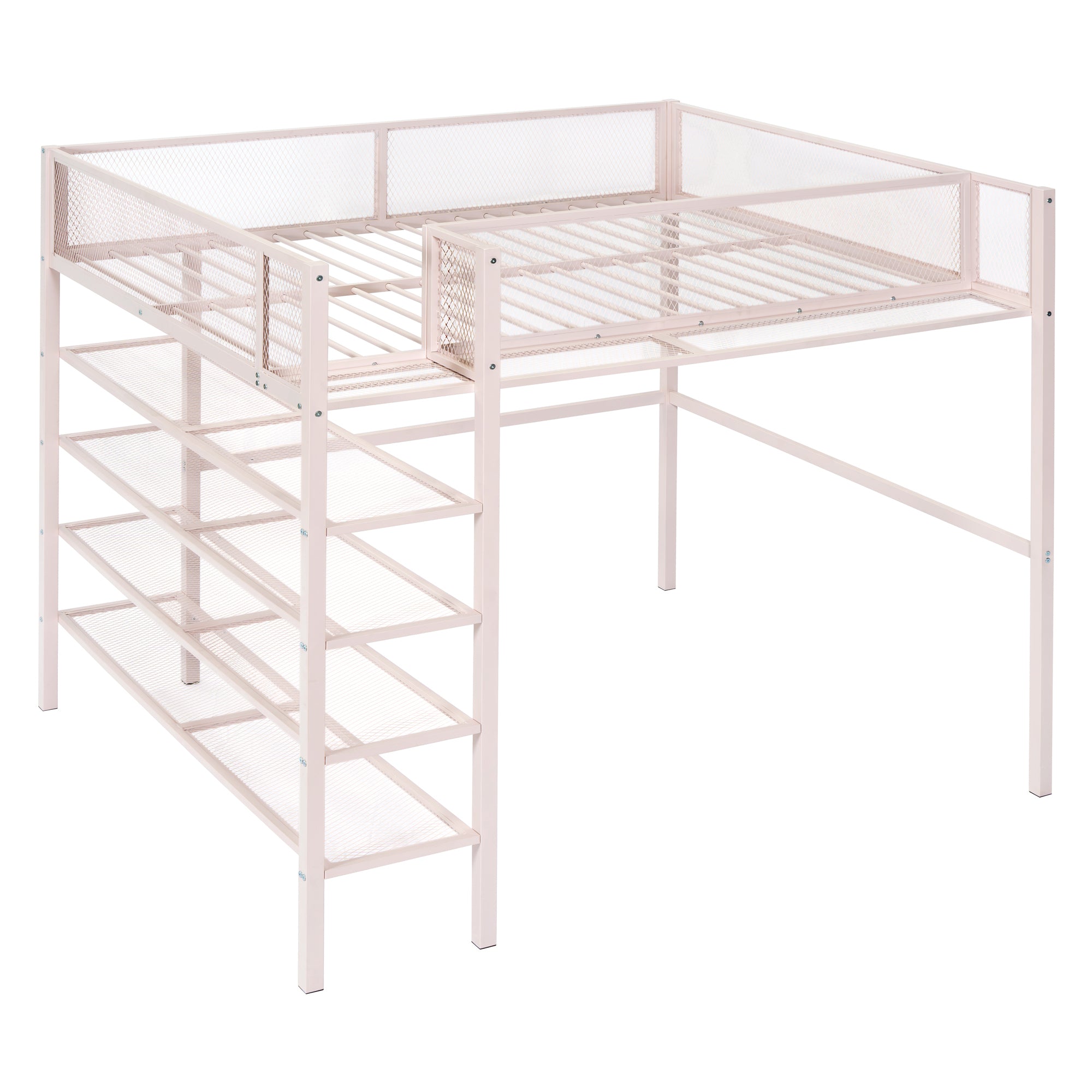 Full Size Metal Loft Bed with 4-Tier Shelves and Storage, Pink - Atlantic Fine Furniture Melbourne FL