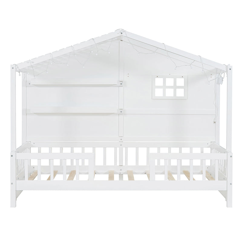 House Bed With Shelves, Window And Sparkling Light Strip On The Roof