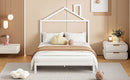 Full Size Metal Platform Bed with House-Shaped Headboard Design, White