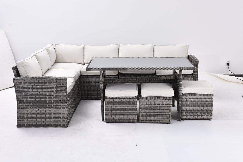 7 Pieces Outdoor Sectional Conversation Sofa With Dining Table, Chairs And Ottomans, All Weather, With Backrest And Removable Cushions