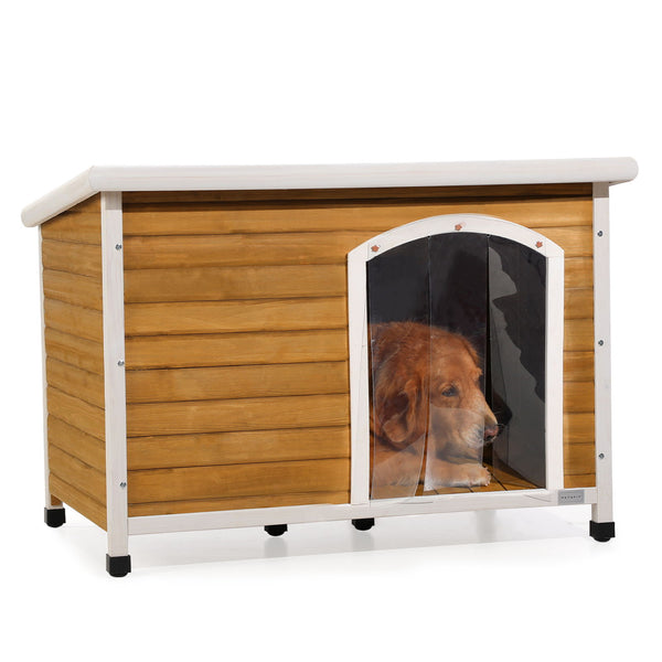 Large Wooden Outdoor Dog House, Waterproof Roof, Elevated Floor, Adjustable Plastic Feet - Yellow