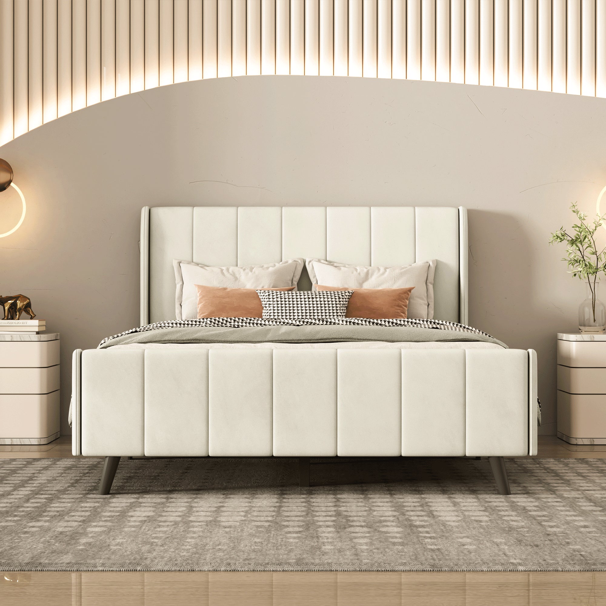 Full Size Upholstered Platform Bed, Velvet, Beige - Atlantic Fine Furniture Melbourne FL