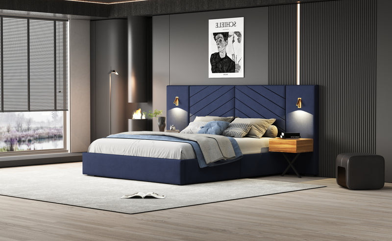King Size Velvet Bed Frame/Vertical Channel Tufted Wingback Headboard/Upholstered Platform Bed/Strong Wooden Slats/No Box Spring Needed/Easy AssemblyRoyal blue