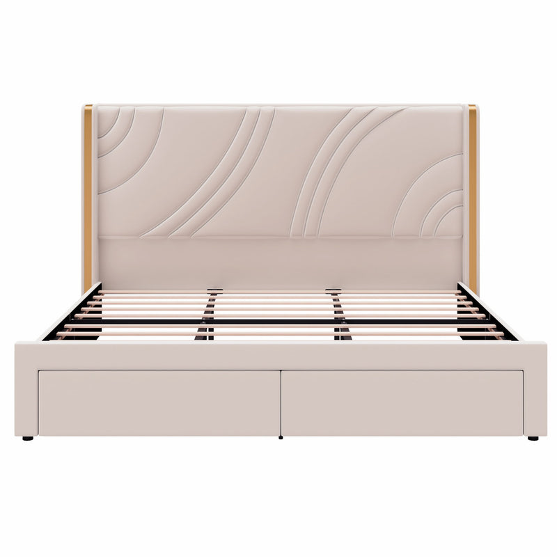 Modern Upholstered LED Bed Frame With Storage Drawers, Wingback Headboard, RGB Light