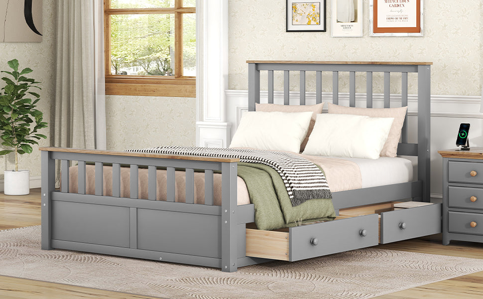 Full Size Wood Platform Bed with Two Drawers and Wooden Slat Support,Gray+Natrual - Atlantic Fine Furniture Melbourne FL