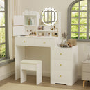 Fashion Vanity Desk With Mirror And Lights For Makeup And Cushioned Chair, Adjustable 3 Color Lighting - White