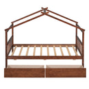 Twin Size Wooden House Bed with Drawers, Walnut