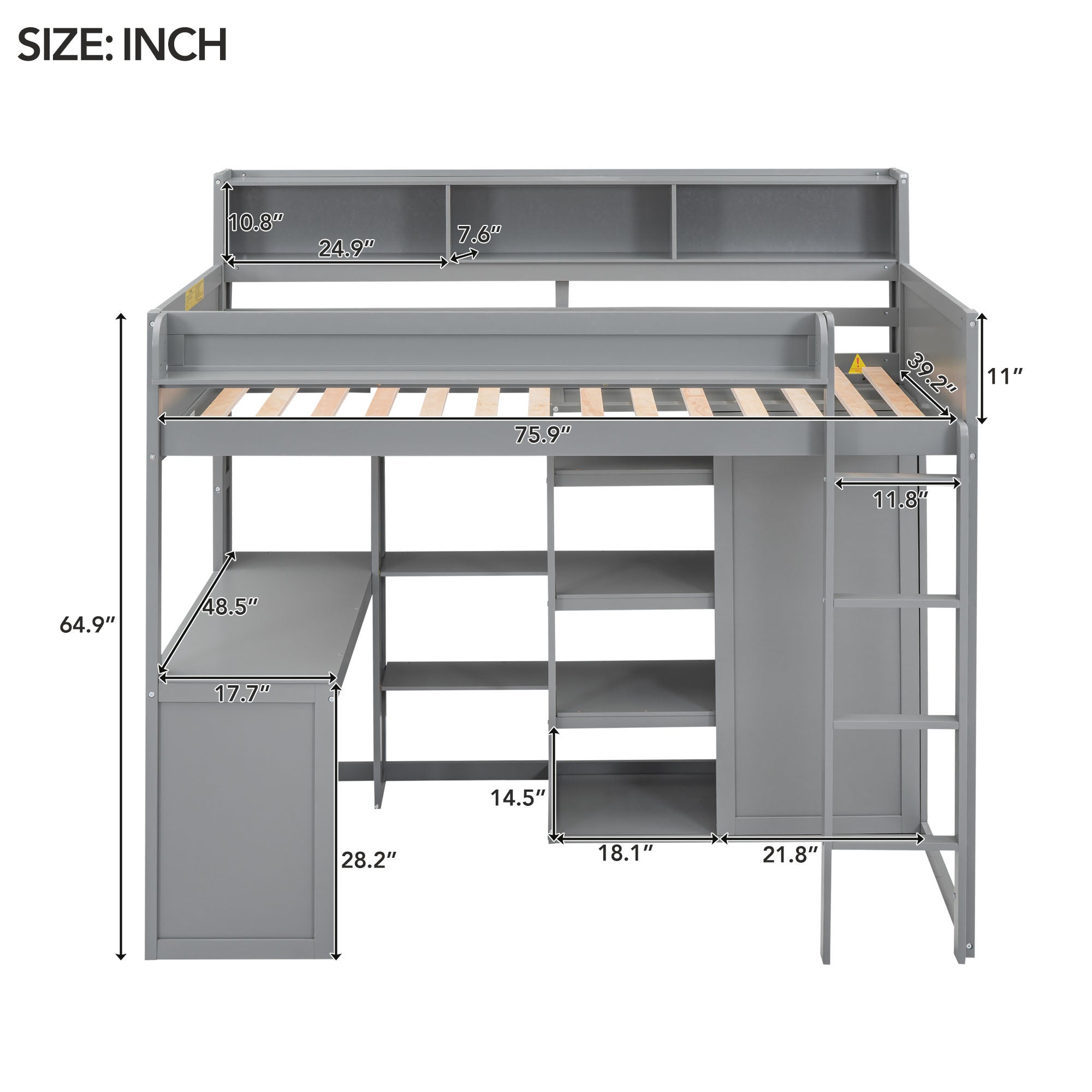 Wood Twin Size Loft bed with Multiple Storage Shelves and Wardrobe, Gray - Atlantic Fine Furniture Melbourne FL