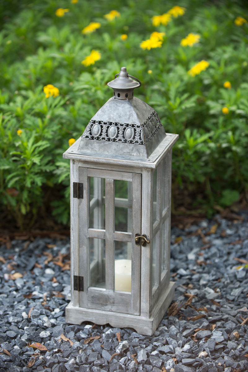 Wooden Candle Lantern Decorative, Hurricane Lantern Holder Decor For Indoor Outdoor, Home Garden Wedding (Set of 2) - Gray