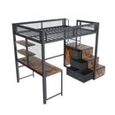 Heavy Duty Full Loft Bed With Desk & USB Charging Metal Frame With Storage Drawers And Staircase - Black