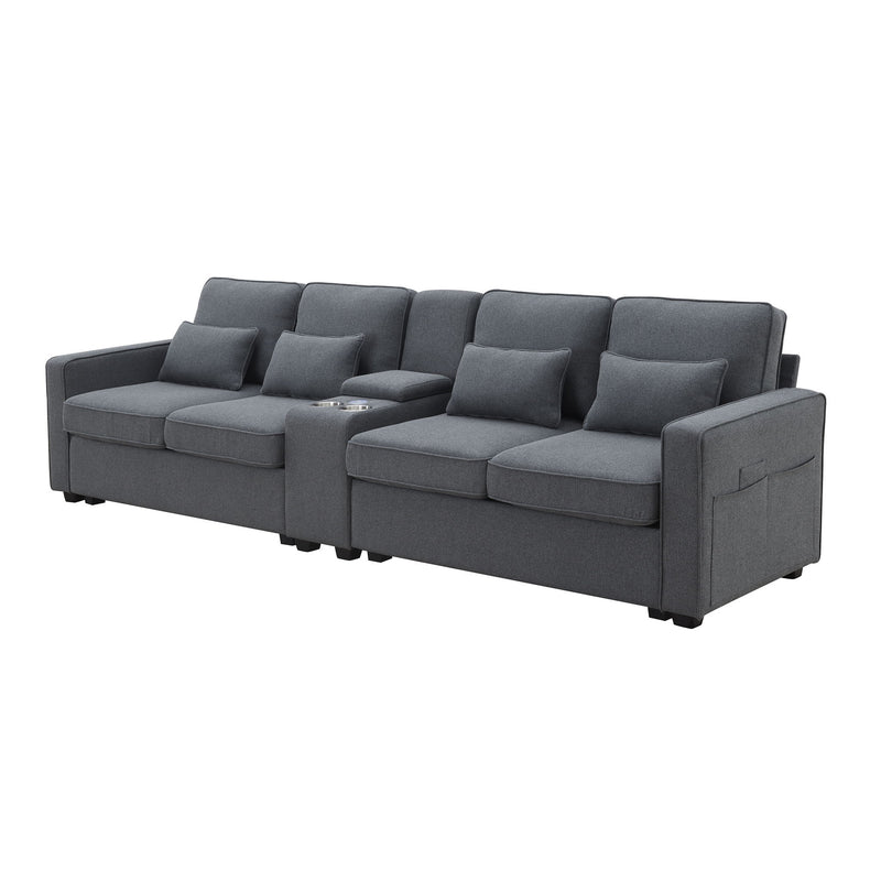 Upholstered Sofa With Console, 2 Cupholders And 2 USB Ports Wired Or Wirelessly Charged, Modern Linen Fabric Couches With 4 Pillows For Living Room, Apartment (4-Seat)