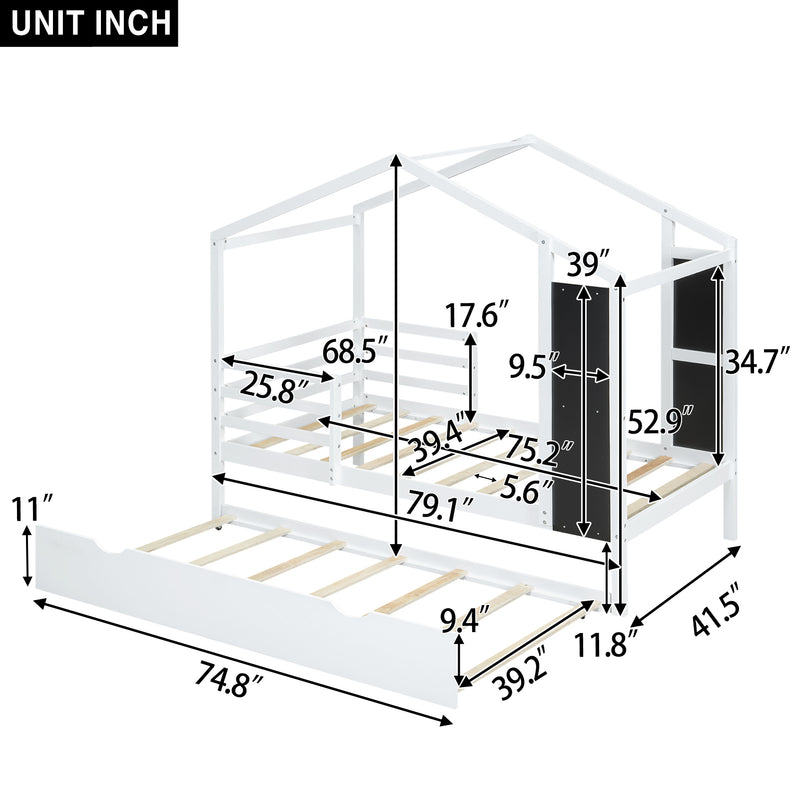 Twin Size Wood House Bed with Fence and Writing Board, White