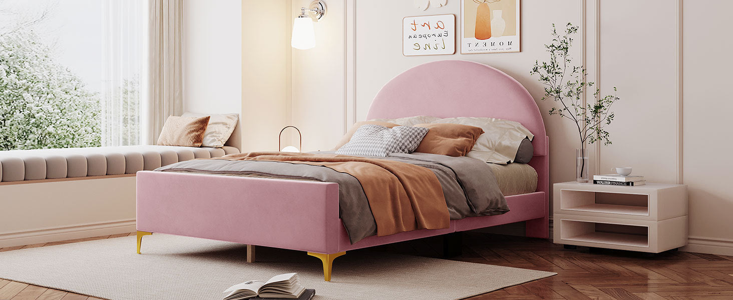 Full Size Upholstered Platform Bed with Classic Semi-circle Shaped headboard and Mental Legs, Velvet, Pink - Atlantic Fine Furniture Melbourne FL