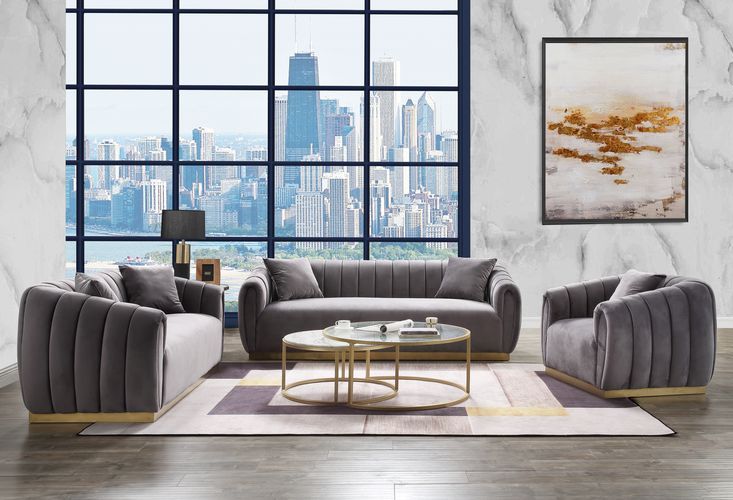 Elchanon - Loveseat With 2 Pillows - Gray Velvet & Gold