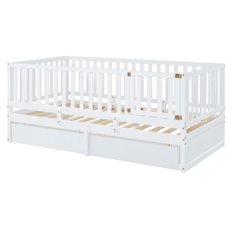 Daybed With Fence Guardrails And 2 Drawers, Split Into Independent Floor Bed & Daybed