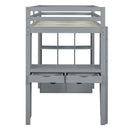 Full Size Loft Bed with large shelves, writing desk and LED Light, Gray