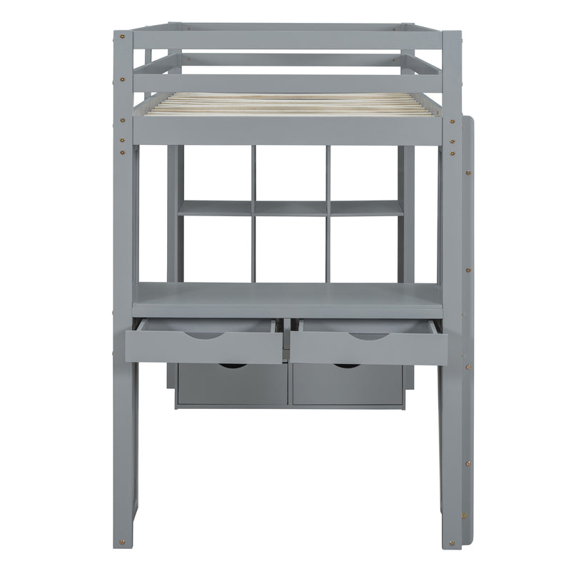 Full Size Loft Bed with large shelves, writing desk and LED Light, Gray