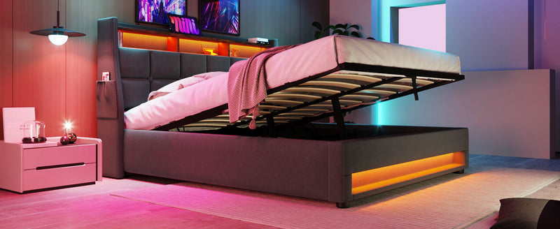 Upholstered Platform Bed With A Hydraulic Storage System, LED And USB Charging (Without Mattress)