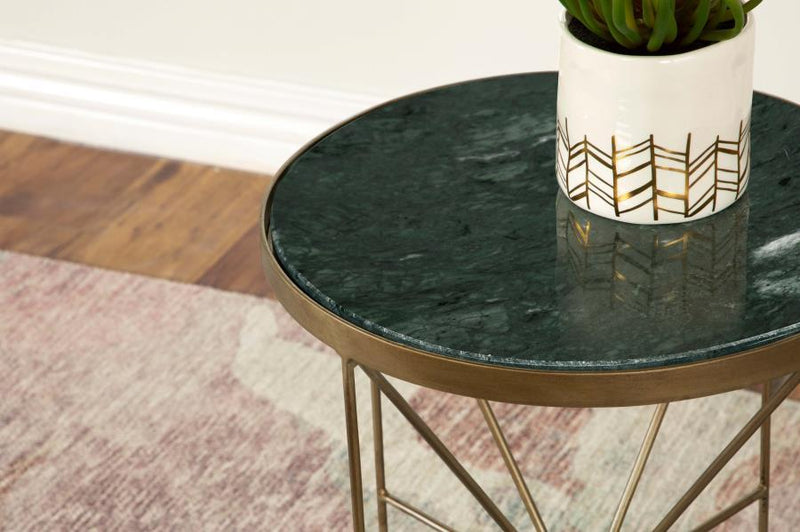 Eliska - Round Green Marble Top Accent Side Table - Antique Gold