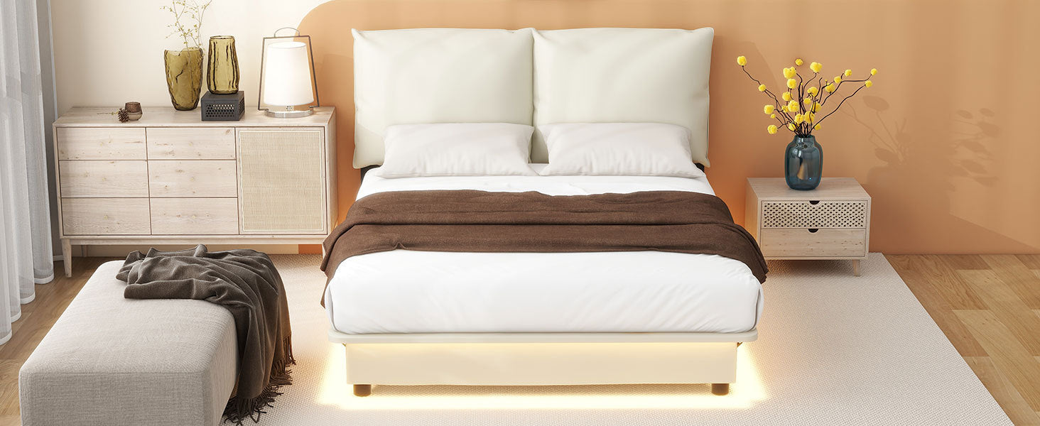 Full Size Upholstered Platform Bed with Sensor Light and Ergonomic Design Backrests, White - Atlantic Fine Furniture Melbourne FL