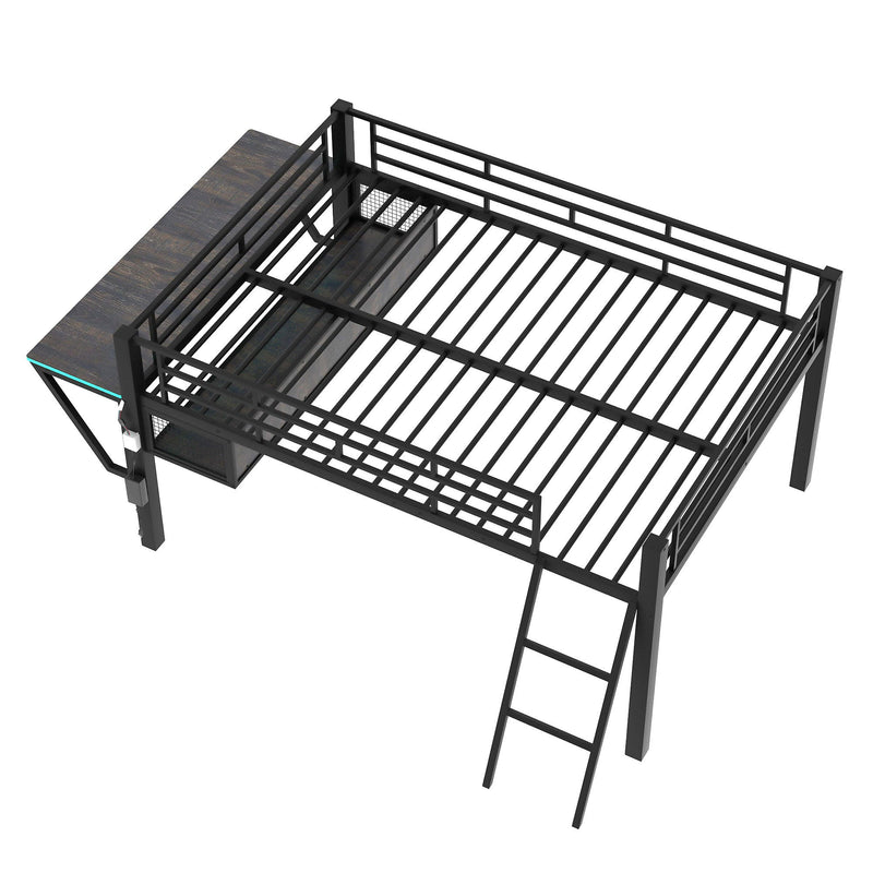 Modern Gaming Mid Loft Bed With Desk And LED Lights