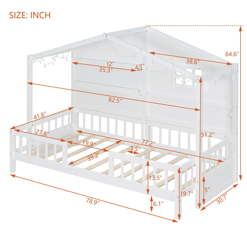 House Bed With Shelves, Window And Sparkling Light Strip On The Roof