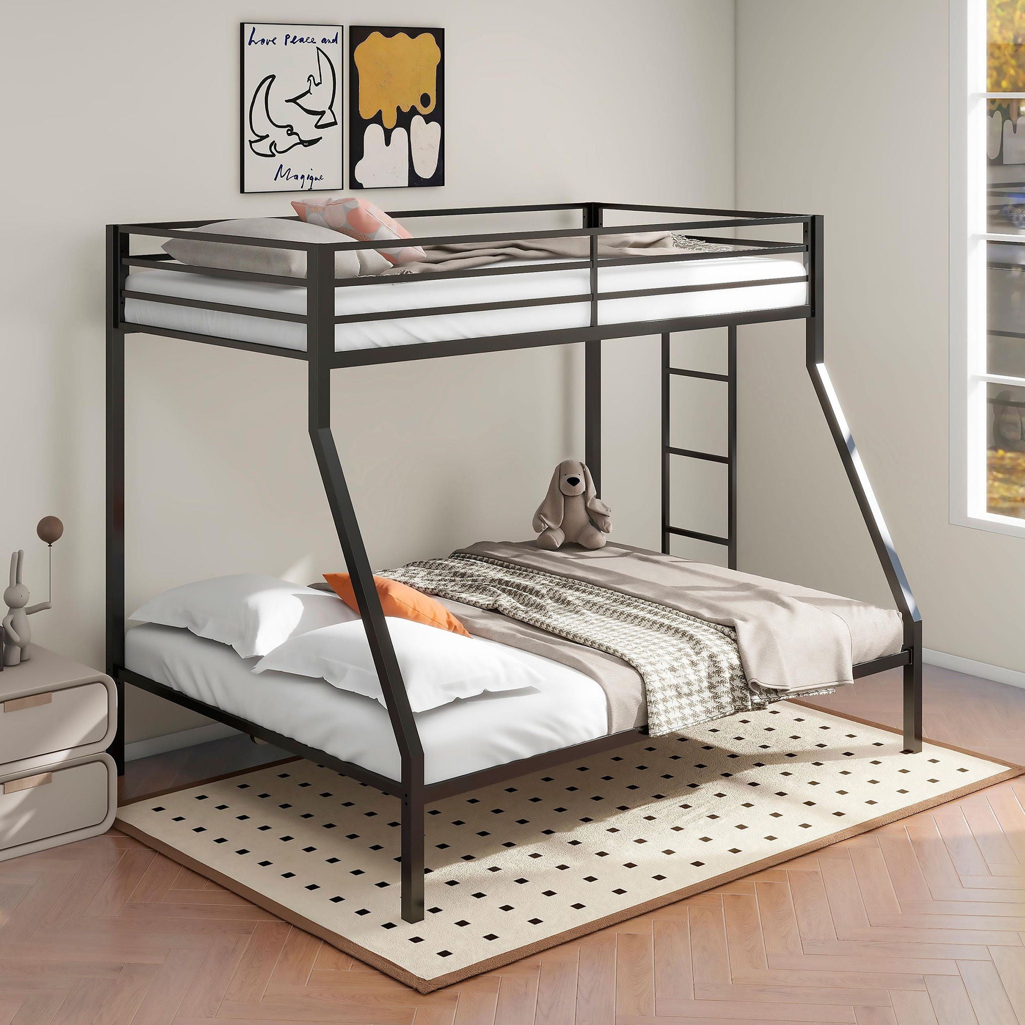 Alevera Metal Twin Over Full Bunk Bed with Ladder Black