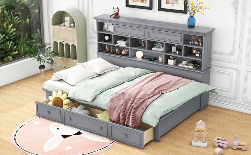 Twin Size Wood Daybed with Multi-Storage Shelves, Charging Station and 3 Drawers, Gray