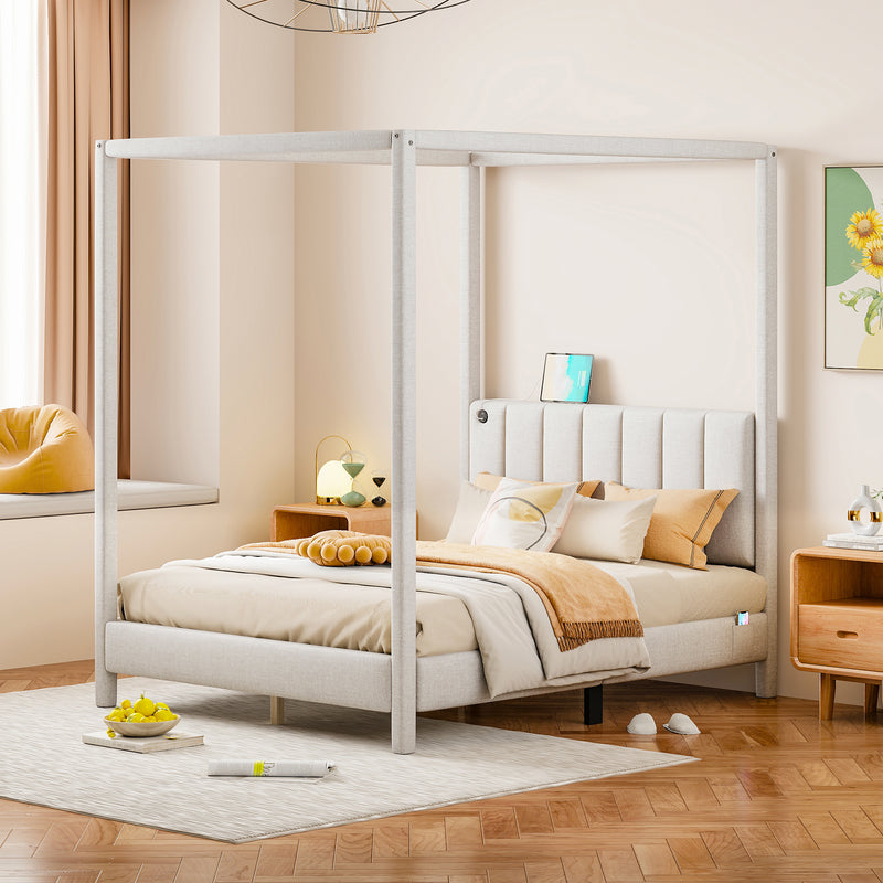 Full Size Canopy Platform Bed with USB and Type-C Ports, Canvas, Beige