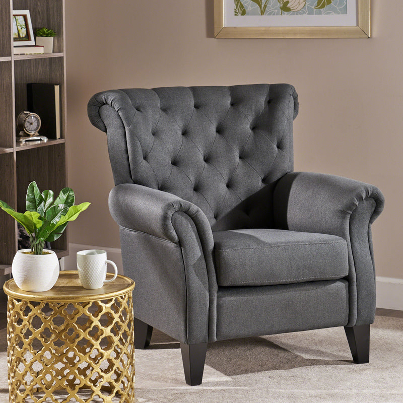 Comfy Accent Chair With Tufted Backrest, Bedroom Single Seat Arm Chair With Wooden Legs, Modern Side Chairs For Living Room - Dark Gray