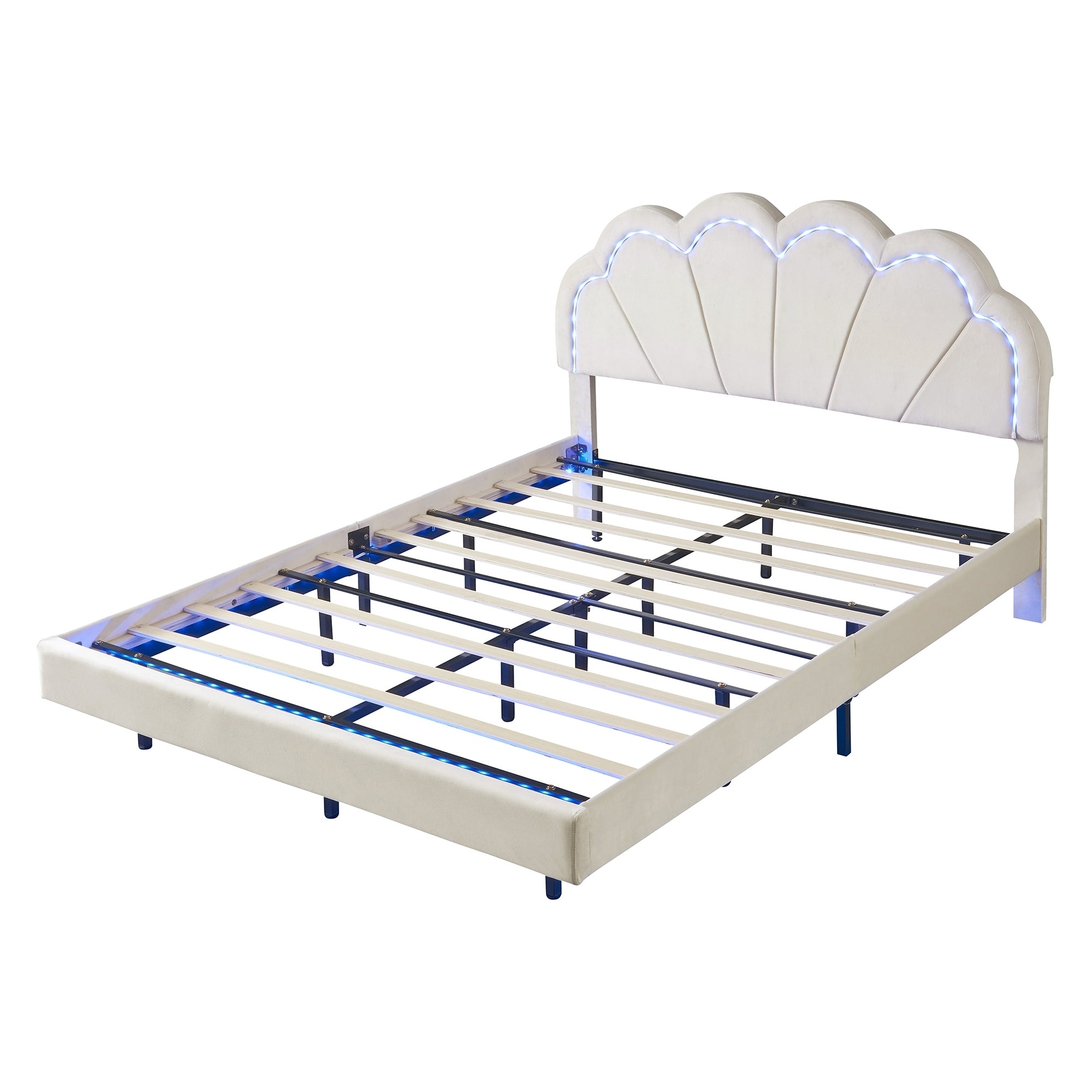 Queen Upholstered Smart LED Bed Frame with Elegant Flowers Headboard,Floating Velvet Platform LED Bed with Wooden Slats Support,Beige - Atlantic Fine Furniture Melbourne FL