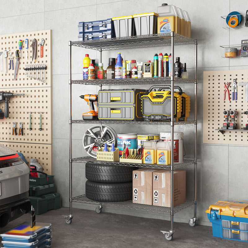 Heavy Duty Adjustable Shelving Unit, 5 Tier Wire Storage Shelves With Wheels - Brushed Nickel