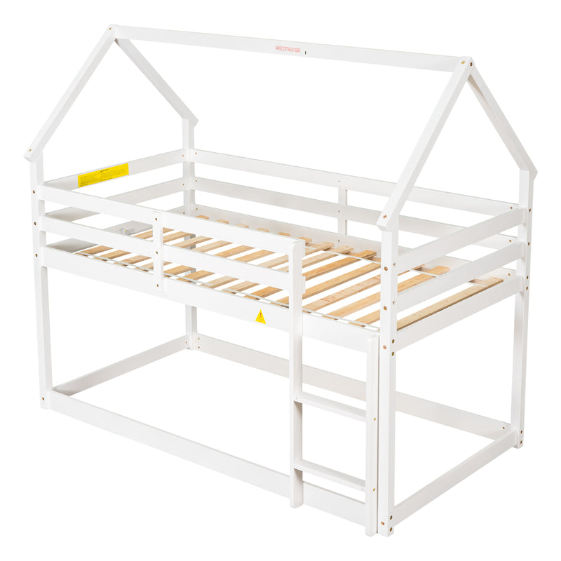 Twin over Twin Loft Bed with Roof Design, Safety Guardrail, Ladder, White