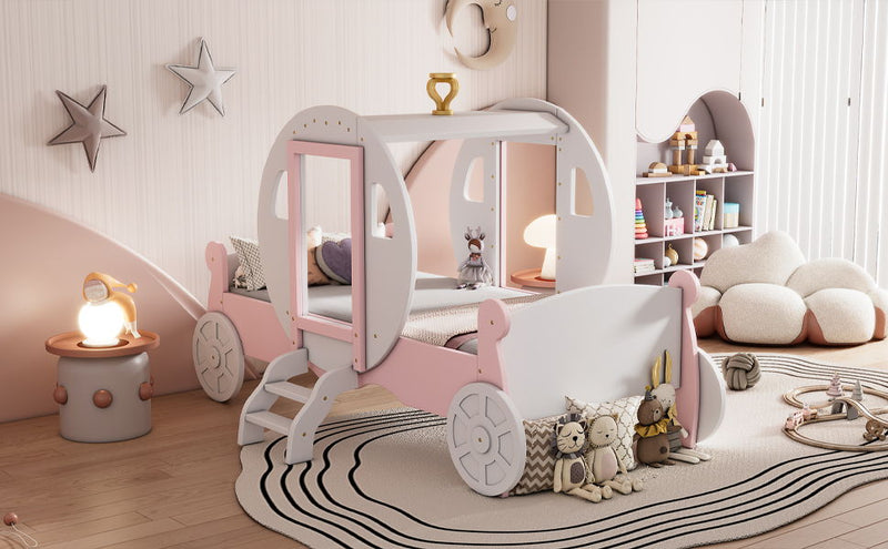 Princess Carriage Bed With Crown, Platform Car Bed With Stair