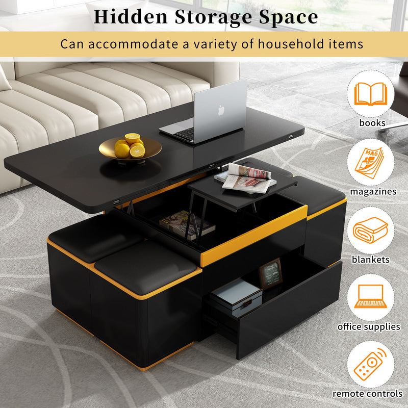 Multi Functional Adjustable Coffee Table With 4 Storage Stools