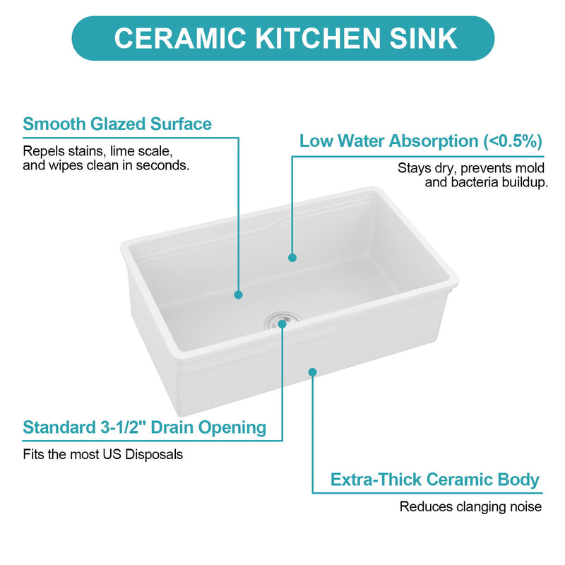 Undermount Workstation Single Bowl Porcelain Ceramic Kitchen Sink