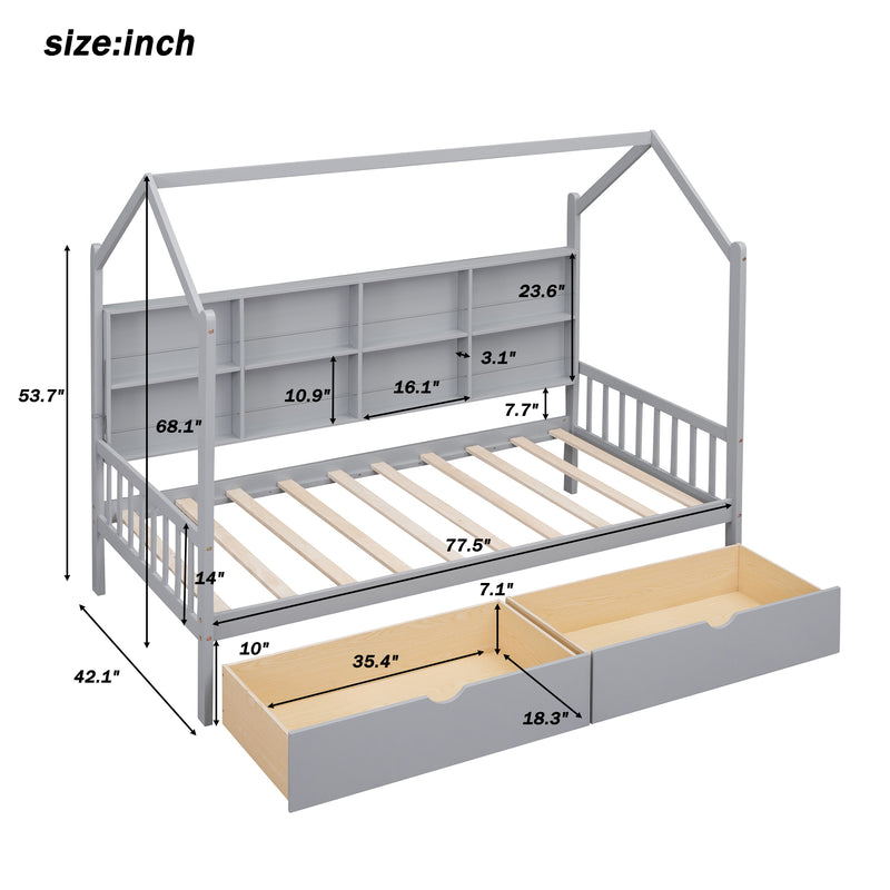 Wooden Twin Size House Bed with 2 Drawers,Kids Bed with Storage Shelf, Gray