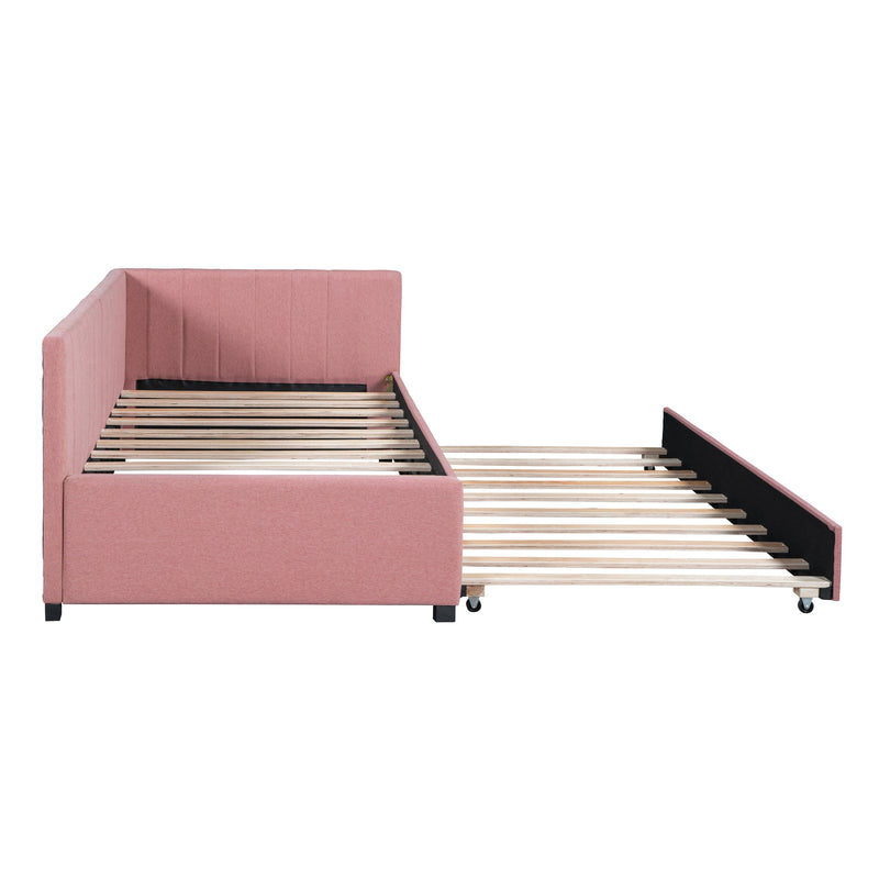 Upholstered Daybed with Trundle Twin Size Sofa Bed Frame No Box Spring Needed, Linen Fabric(Pink)