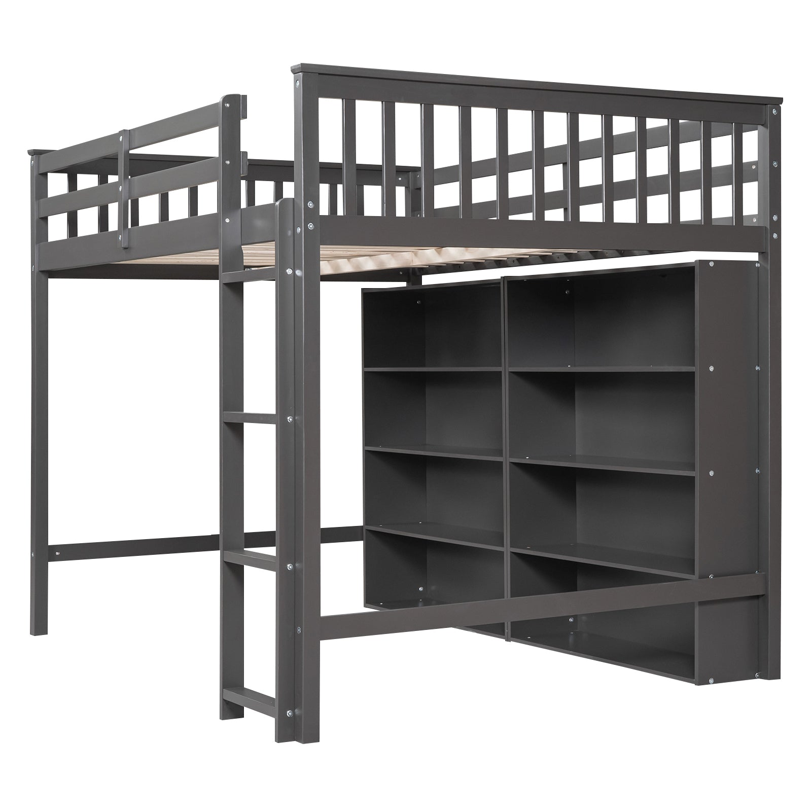 Full Size Loft Bed with 8 Open Storage Shelves and Built-in Ladder, Gray - Atlantic Fine Furniture Melbourne FL