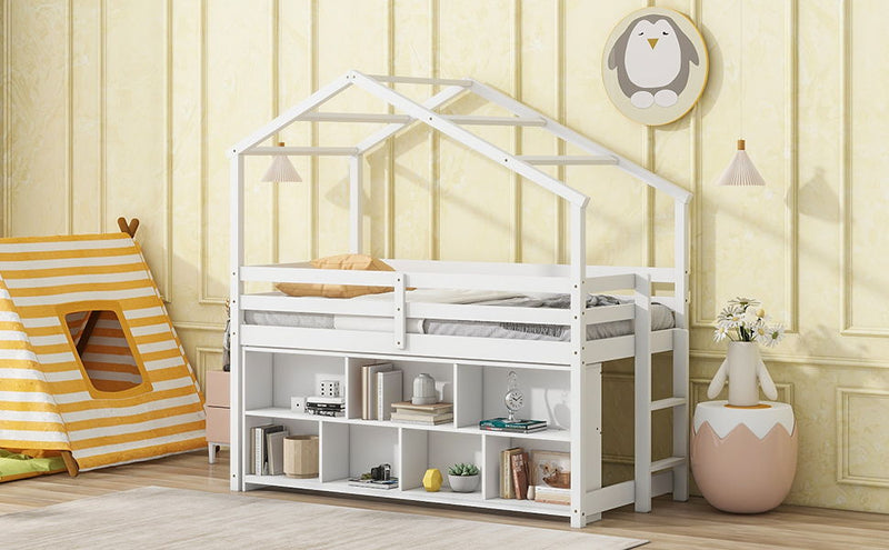 House Loft Bed With Roof Frame, Under Bed Shelving Storage Unit, Guardrails, Ladder