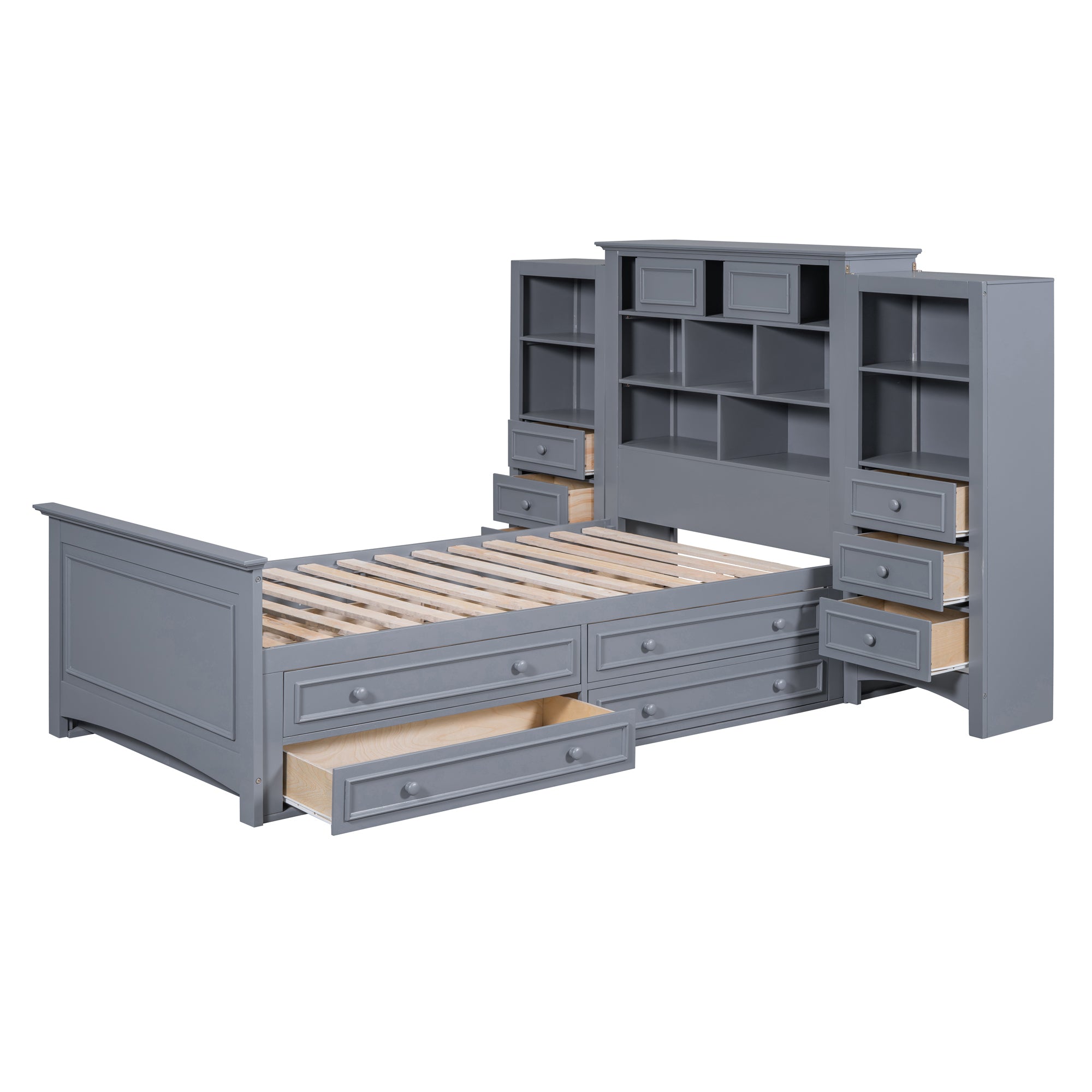Twin Size Wood Platformbed with Vertical All-in-One Cabinet and 4 Drawers on each side, Gray - Atlantic Fine Furniture Melbourne FL