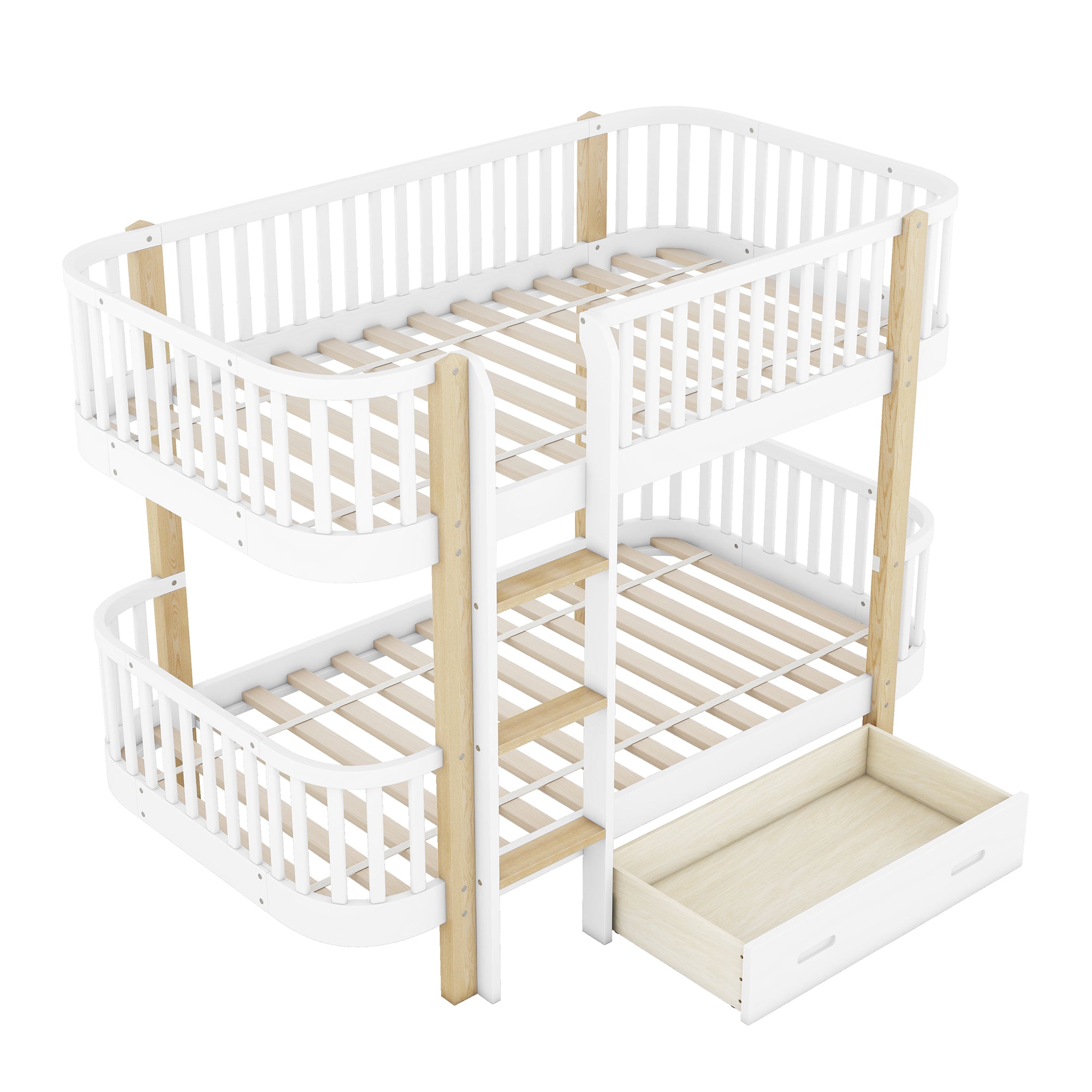 Wood Twin over Twin Bunk Bed with Fence Guardrail and a Big Drawer, White - Atlantic Fine Furniture Melbourne FL