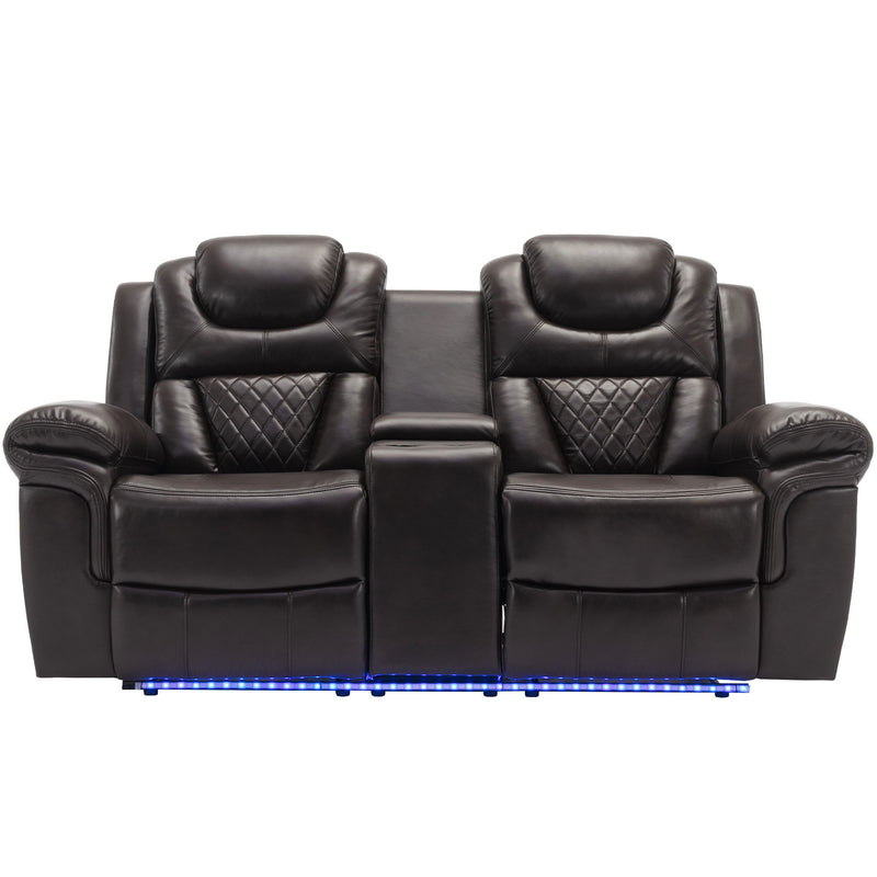 3 Pieces Recliner Sofa Sets Home Theater Seating Manual Recliner Chair & Center Console And LED Light Strip For Living Room - Brown