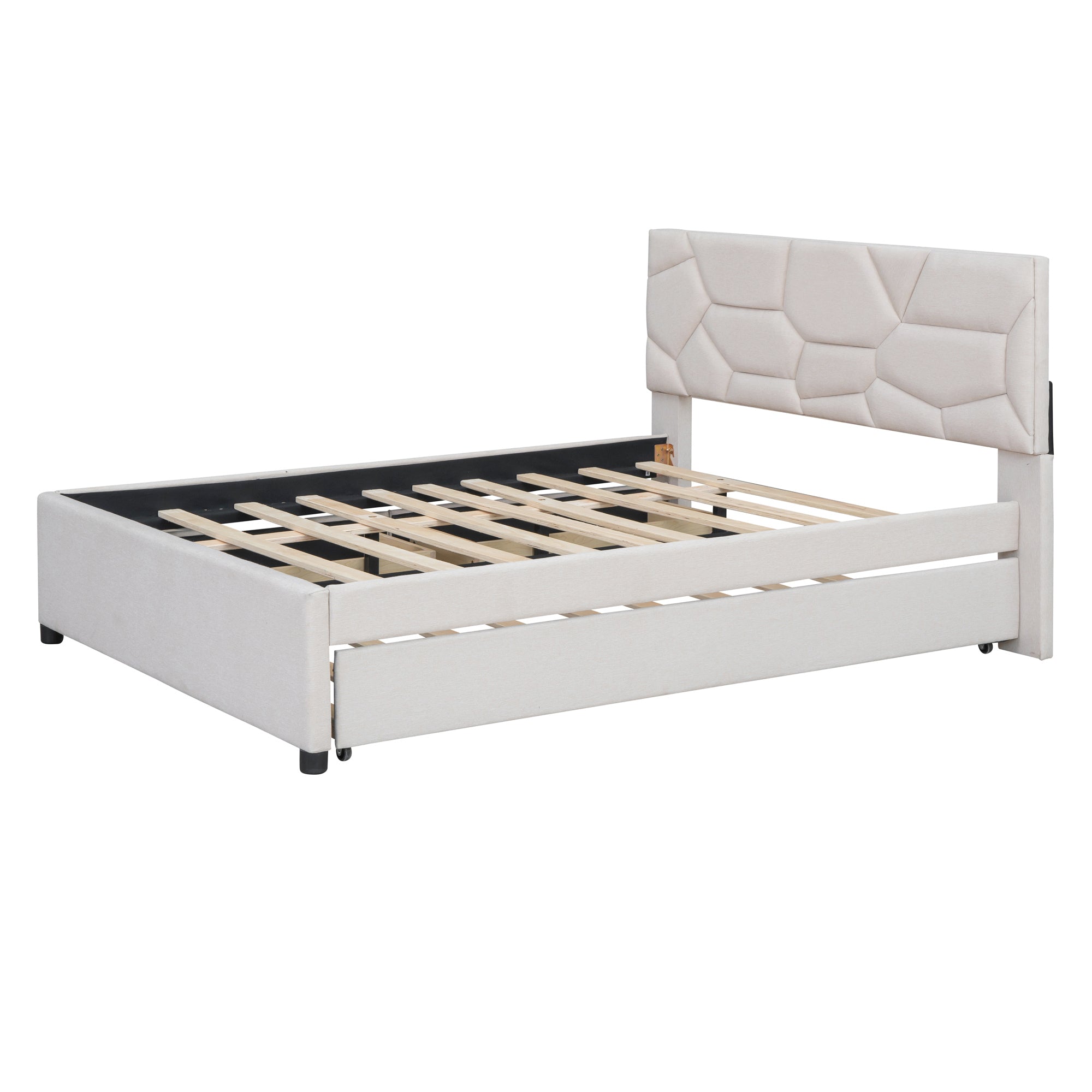 Full Size Upholstered Platform Bed with Brick Pattern Headboard, with Twin Size Trundle and 2 Drawers, Linen Fabric, Beige - Atlantic Fine Furniture Melbourne FL