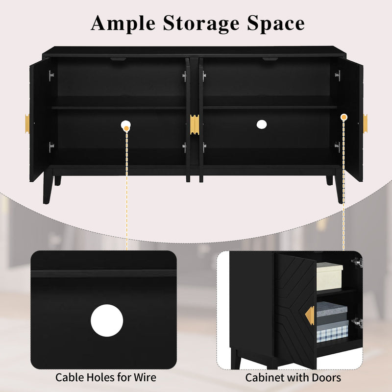 4 Door Sideboard Storage Cabinet For Living Room And Dining Room, 2 Large Cabinets With Gold Handles And Adjustable Shelf - Black