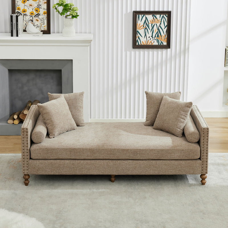 Upholstered Chaise Lounge Indoor With Nailheads, Sleeper Sofa Couch With 4 Throw Pillows & 2 Bolsters, Daybed With Rubberwood Legs