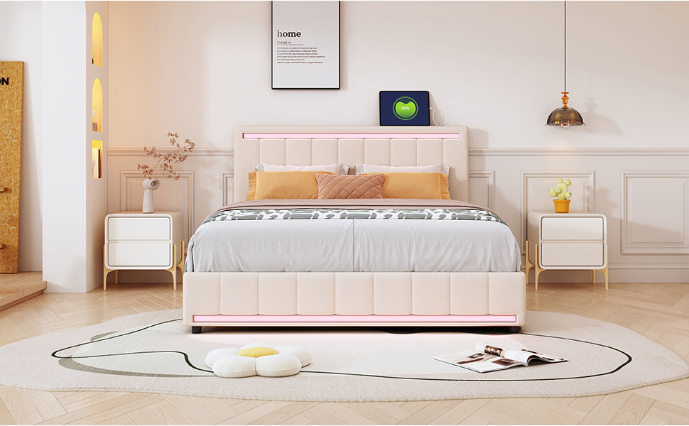 Queen Size Upholstered Bed with LED Light and 4 Drawers,  Modern Platform Bed with a set of Sockets and USB Ports, Linen Fabric, Beige - Atlantic Fine Furniture Melbourne FL