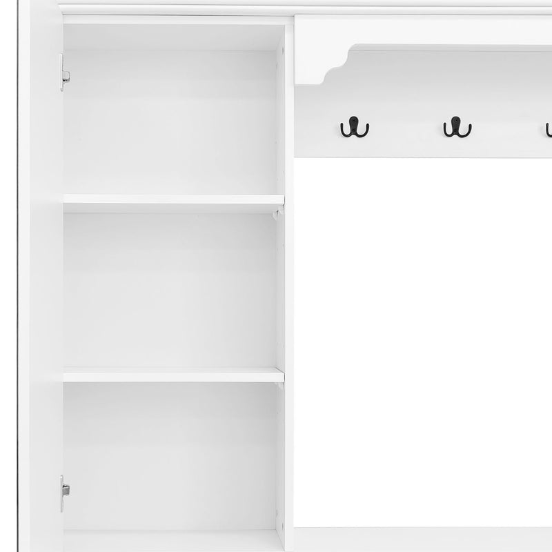 Hall Tree With Integrated Shoe Cabinet And Mirrored Cabinet Door, Coat Hanger, Entryway Bench, 4 In 1 Design, 2 Flip Drawers, 4 Hooks And 2 Cabinets For Entrance, Living Room - White